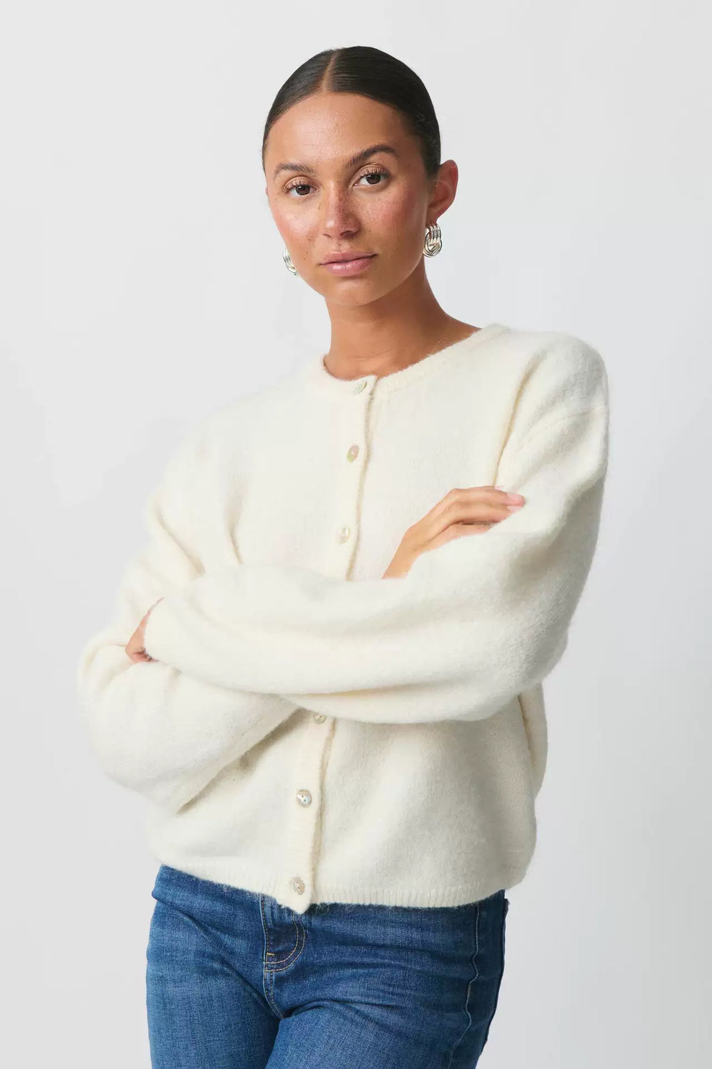 LaPose - Alynna Soft Knit Button Cardigan - Cream Color