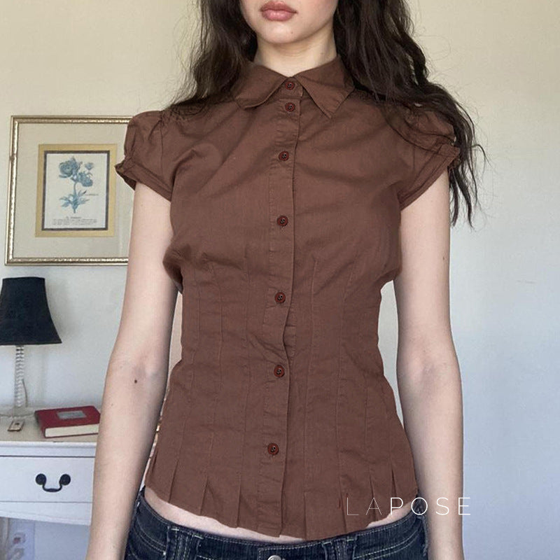 Amaria Brown Puff Sleeve Top [SZXDSWI3]