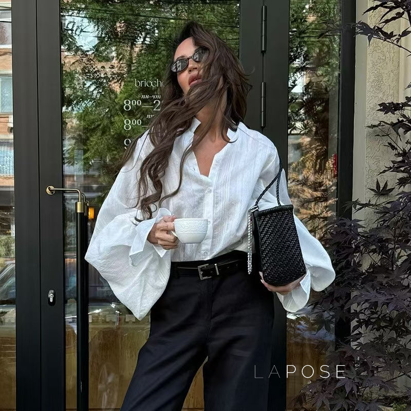 Amaryah Lantern Sleeve Button-Up Top [OP06MOSN]