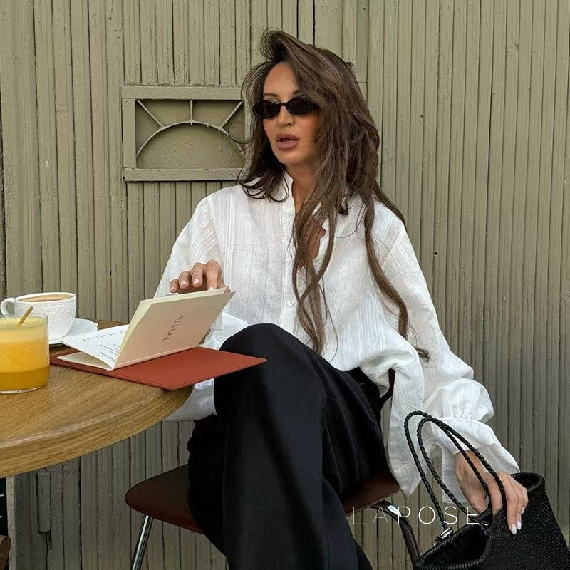 Amaryah Lantern Sleeve Button-Up Top [WTPFDR42]