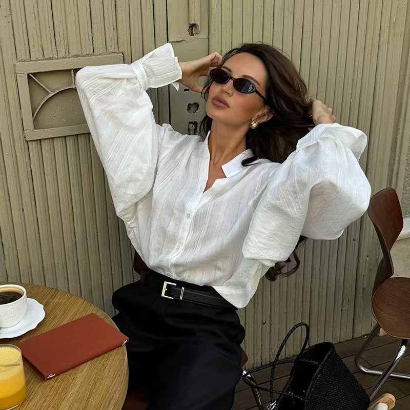 Amaryah Lantern Sleeve Button-Up Top [7Q0CE1DF]
