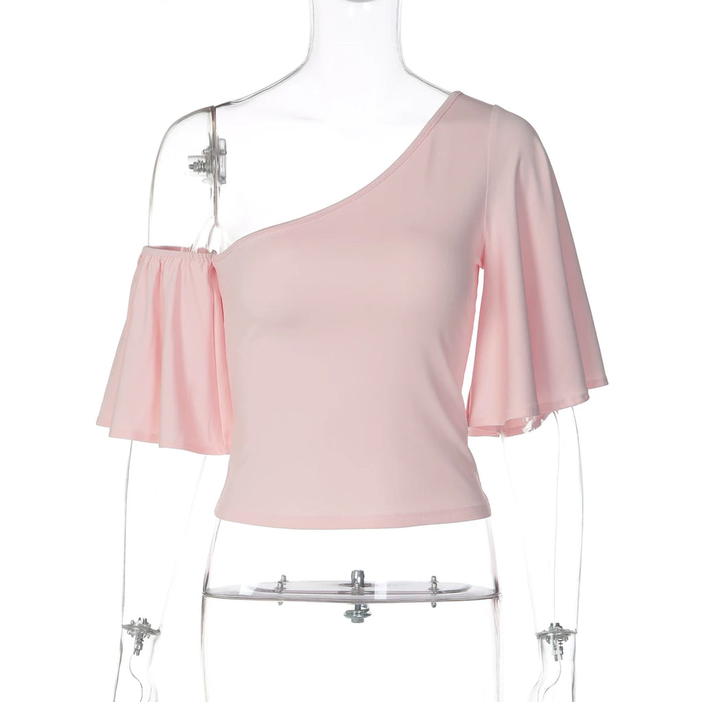LaPose - Amberley One Shoulder Flare Sleeve Top - Pink Color