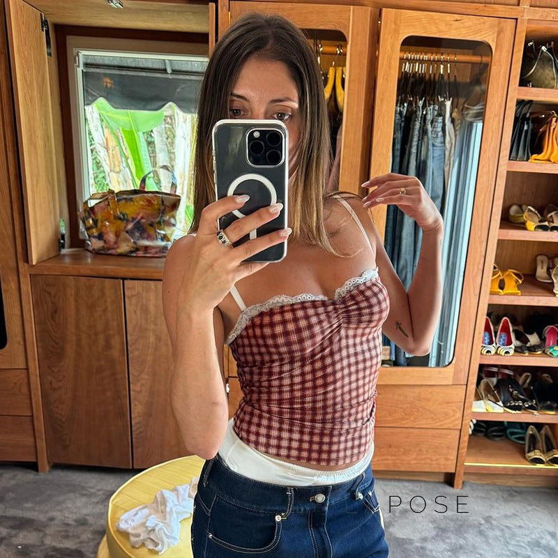 Amoni Plaid Lace Camisole [67DJ48RG]
