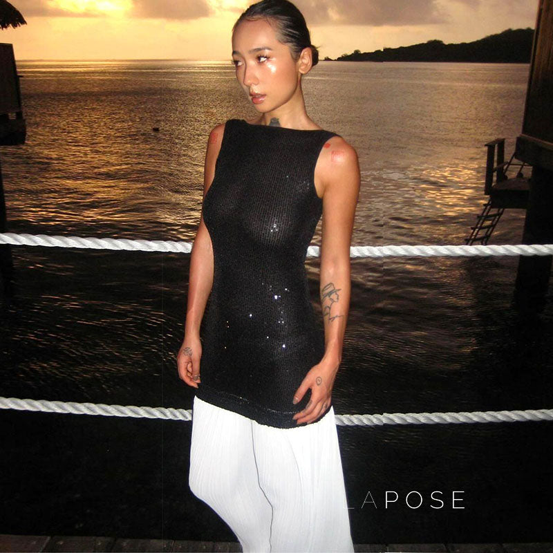 Anabia Black Sequin Maxi Dress [SP6H878S]