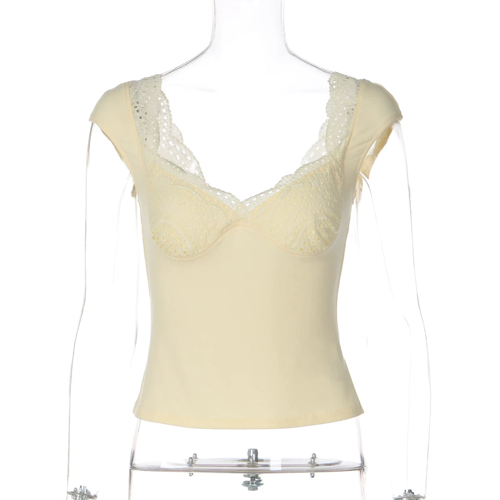 LaPose - Anaiya Lace Trim V-Neck Top - Yellow Color