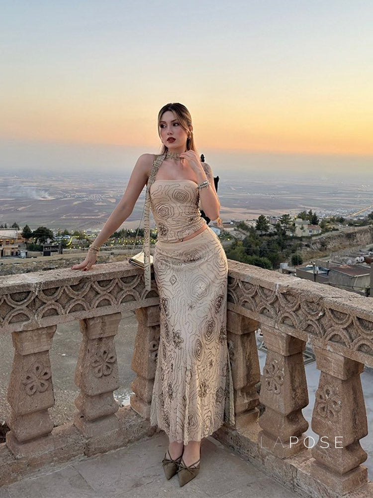 Analiz Beaded Mesh Skirt Set [5C2V34ZE]