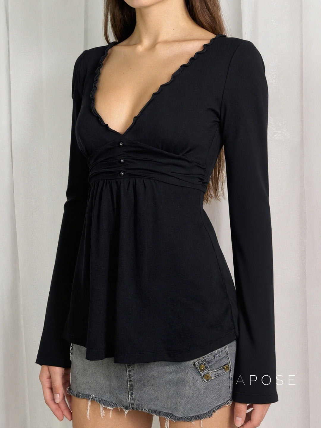 Analy Ruched V-Neck Long Sleeve Top [ABUZ08ZC]