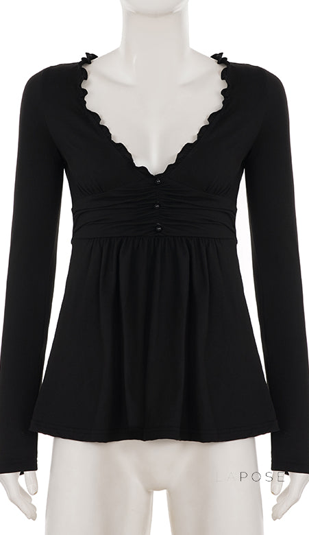 Analy Ruched V-Neck Long Sleeve Top [IEM70GV9]