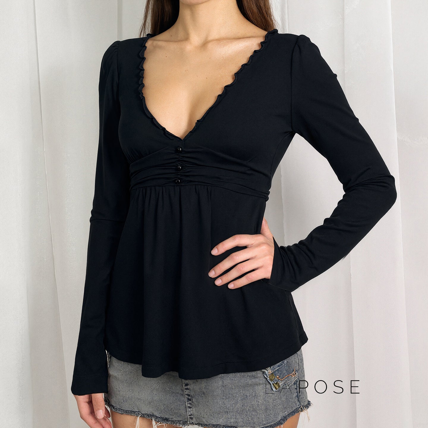 Analy Ruched V-Neck Long Sleeve Top [35HQPS19]