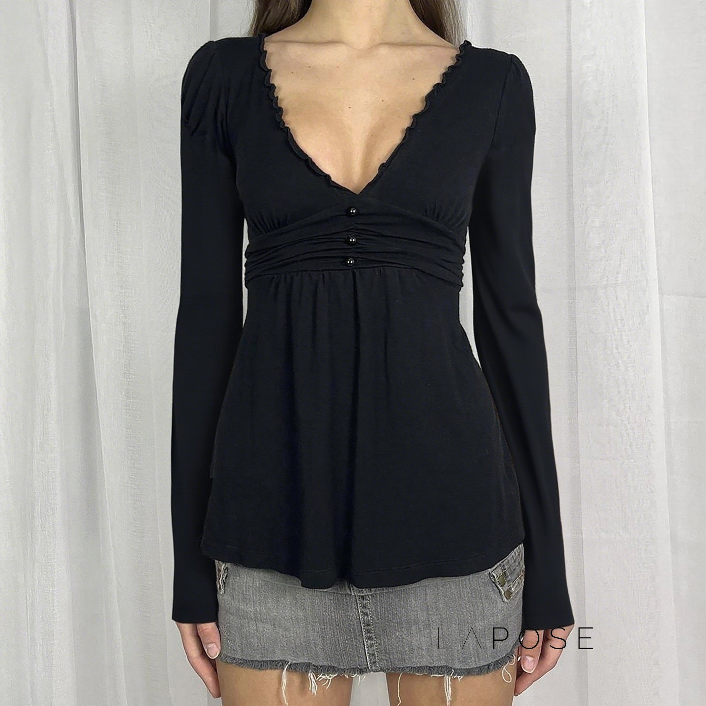 Analy Ruched V-Neck Long Sleeve Top [MQ4UHZ7H]