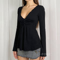 Analy Ruched V-Neck Long Sleeve Top [IA3FA3J3]