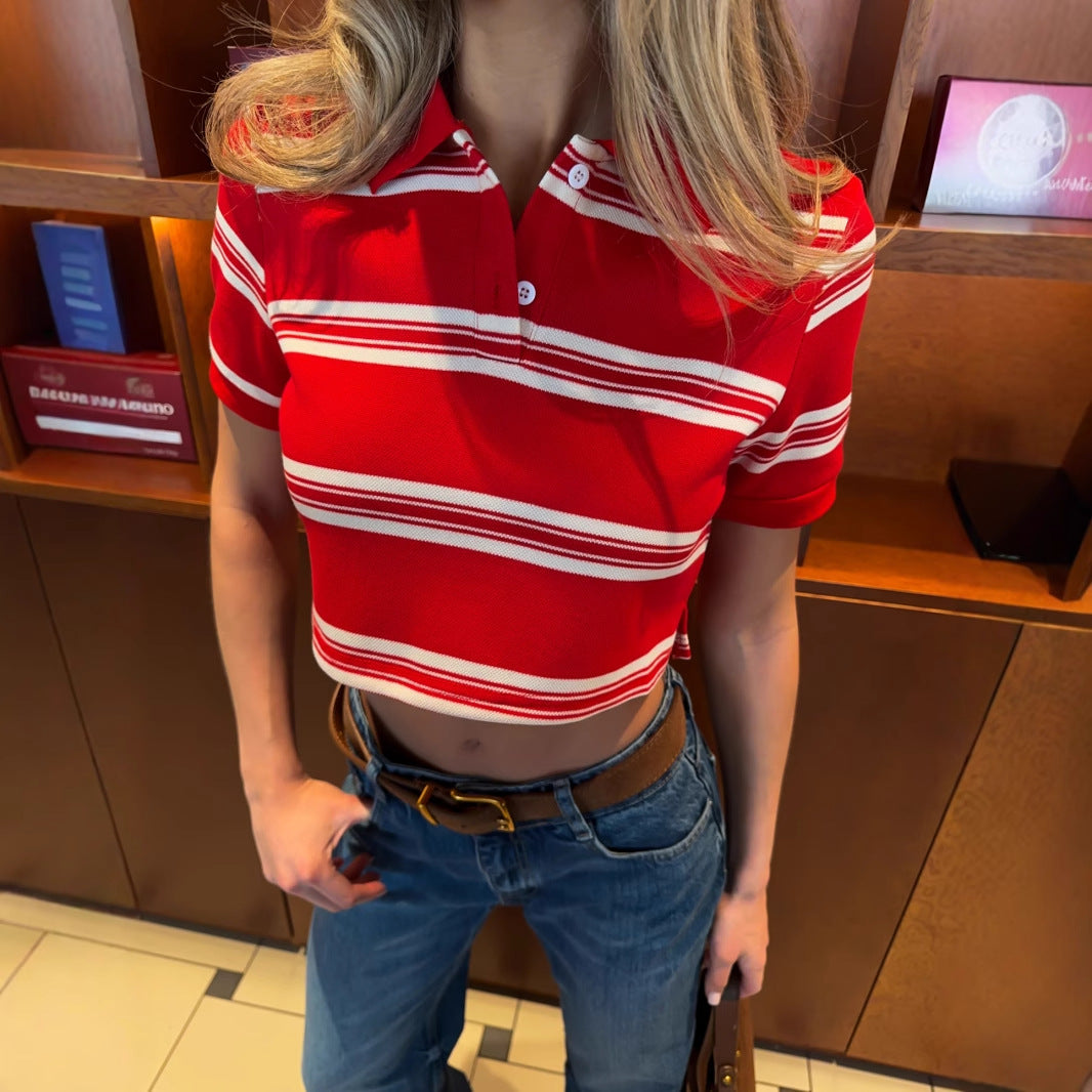 Angelia Striped Knit Polo Top [XP2QBYGK]