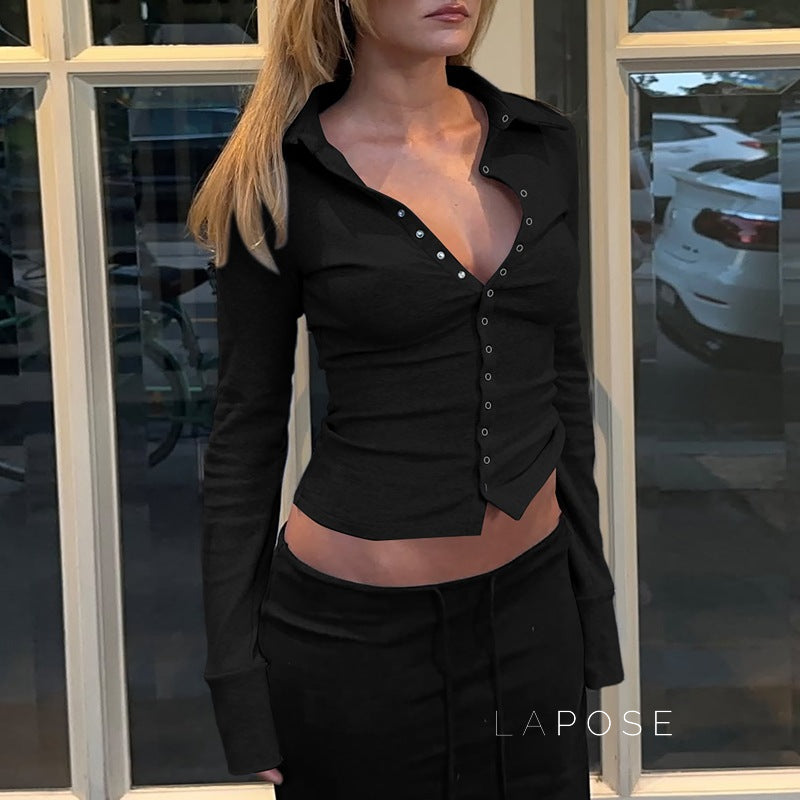 Aniylah Ribbed Collared Button Top [TVONJTQT]