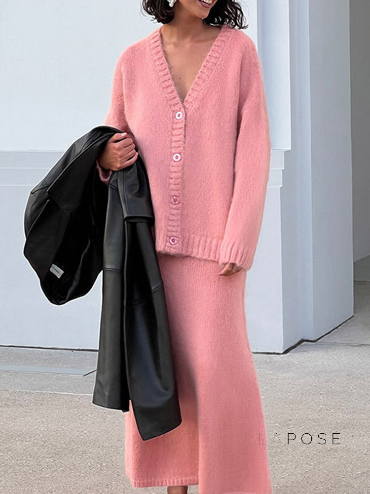 Annalyn V-neck Knit Skirt Set [OJKO7L80]