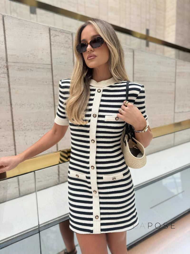 Annamae Striped Button-Front Knit Mini Dress [KNM6K2YE]