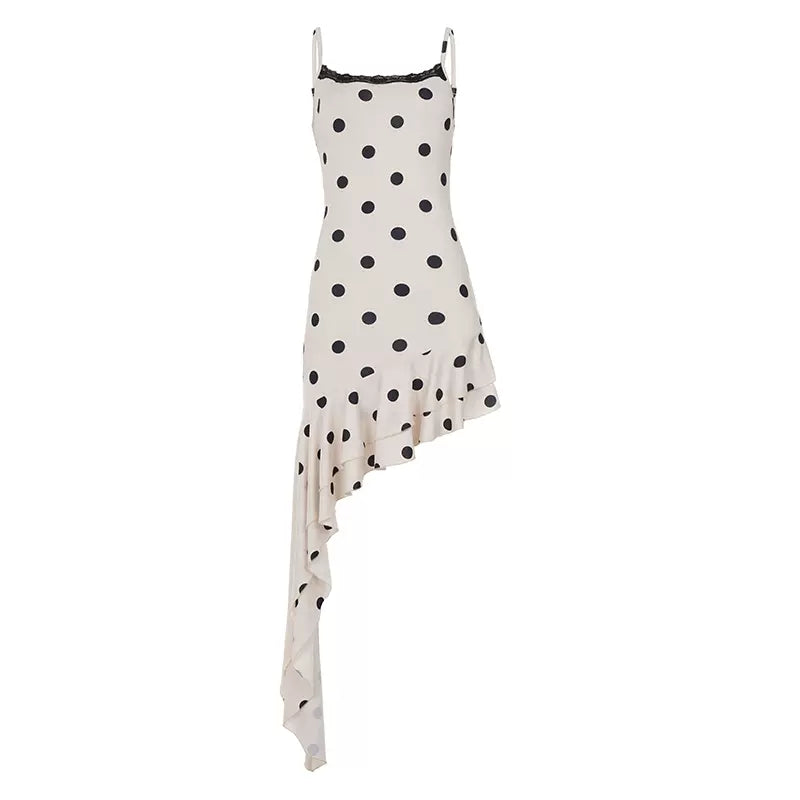 LaPose - Annemarie Polka Dot Asymmetric Mini Dress - Creamy White Color