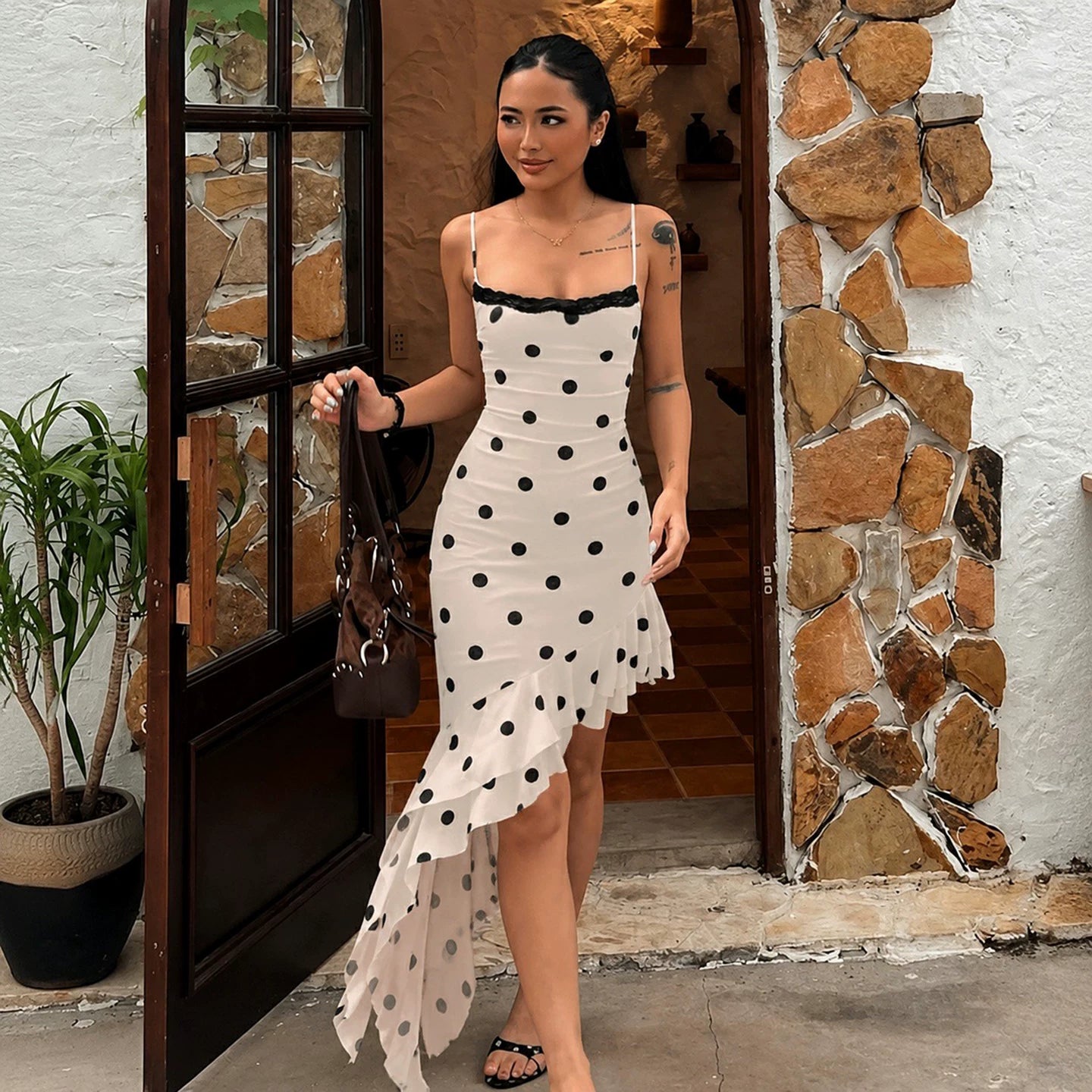 LaPose - Annemarie Polka Dot Asymmetric Mini Dress