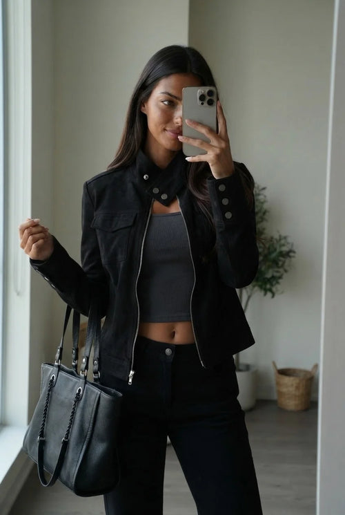 LaPose - Ansleigh Retro Suede Slim Jacket - Black Color