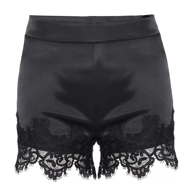 LaPose - Anvitha Lace Hem Satin Shorts - Black Color