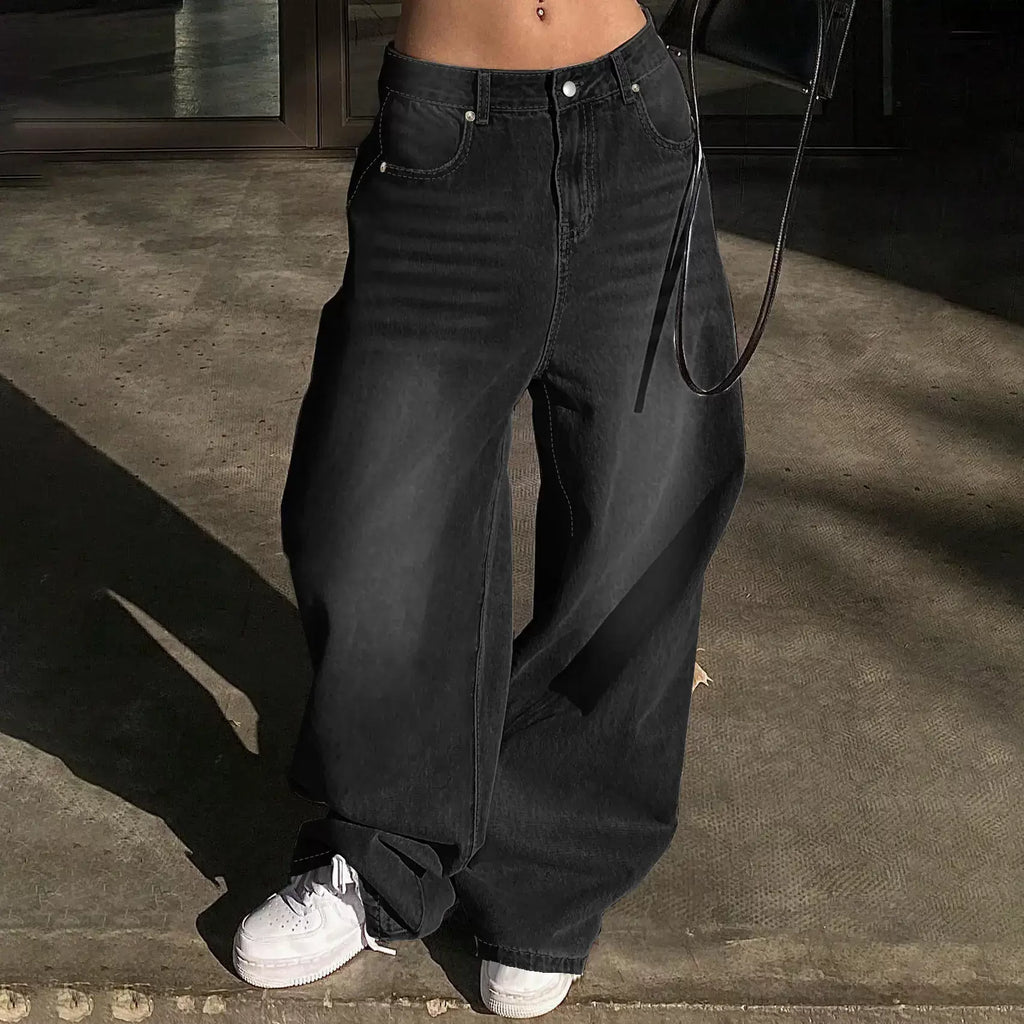LaPose - Aria Washed Wide Leg Jeans - Black Color