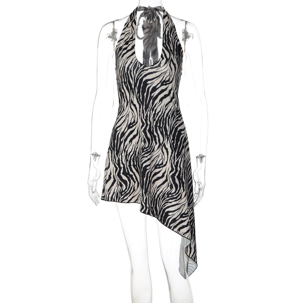 Ariani Halter Asymmetric Mini Dress - Zebra Print Color