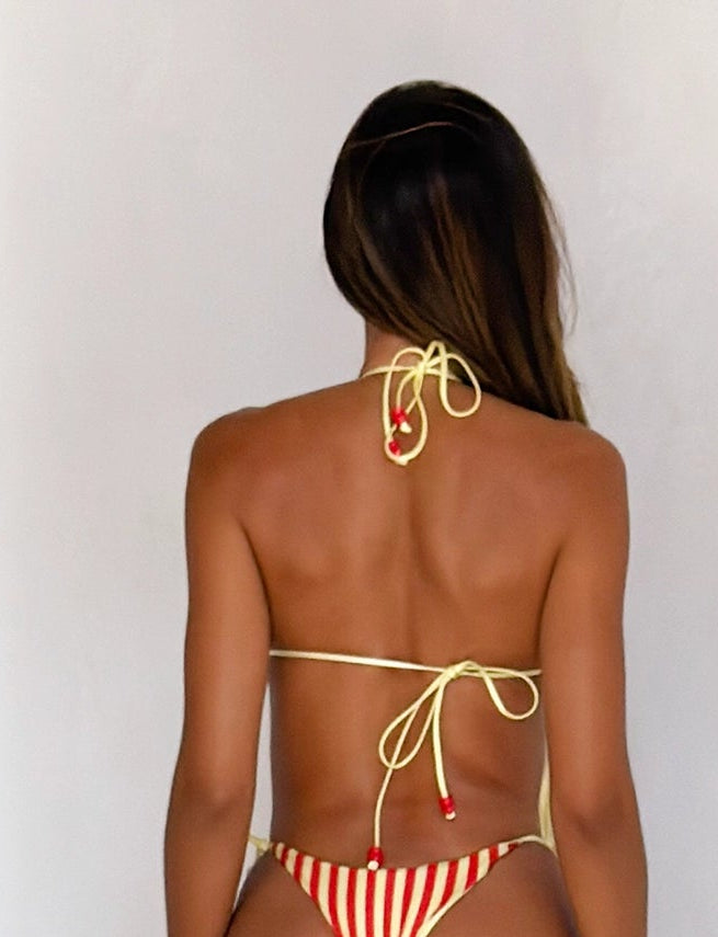 LaPose Arianna Reversible Triangle Bikini Top - Red Yellow Dot and Stripe