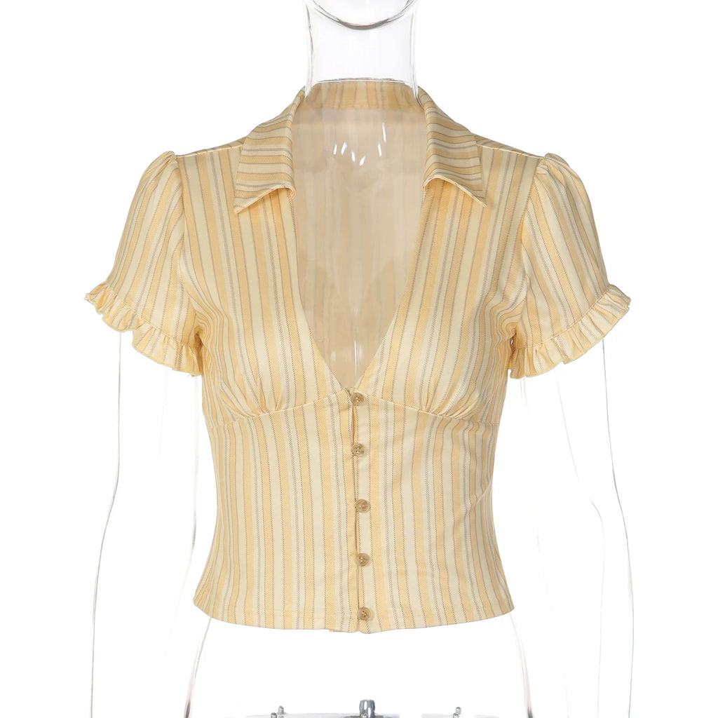 LaPose - Ariya Striped V-Neck Slim Top - Yellow Color