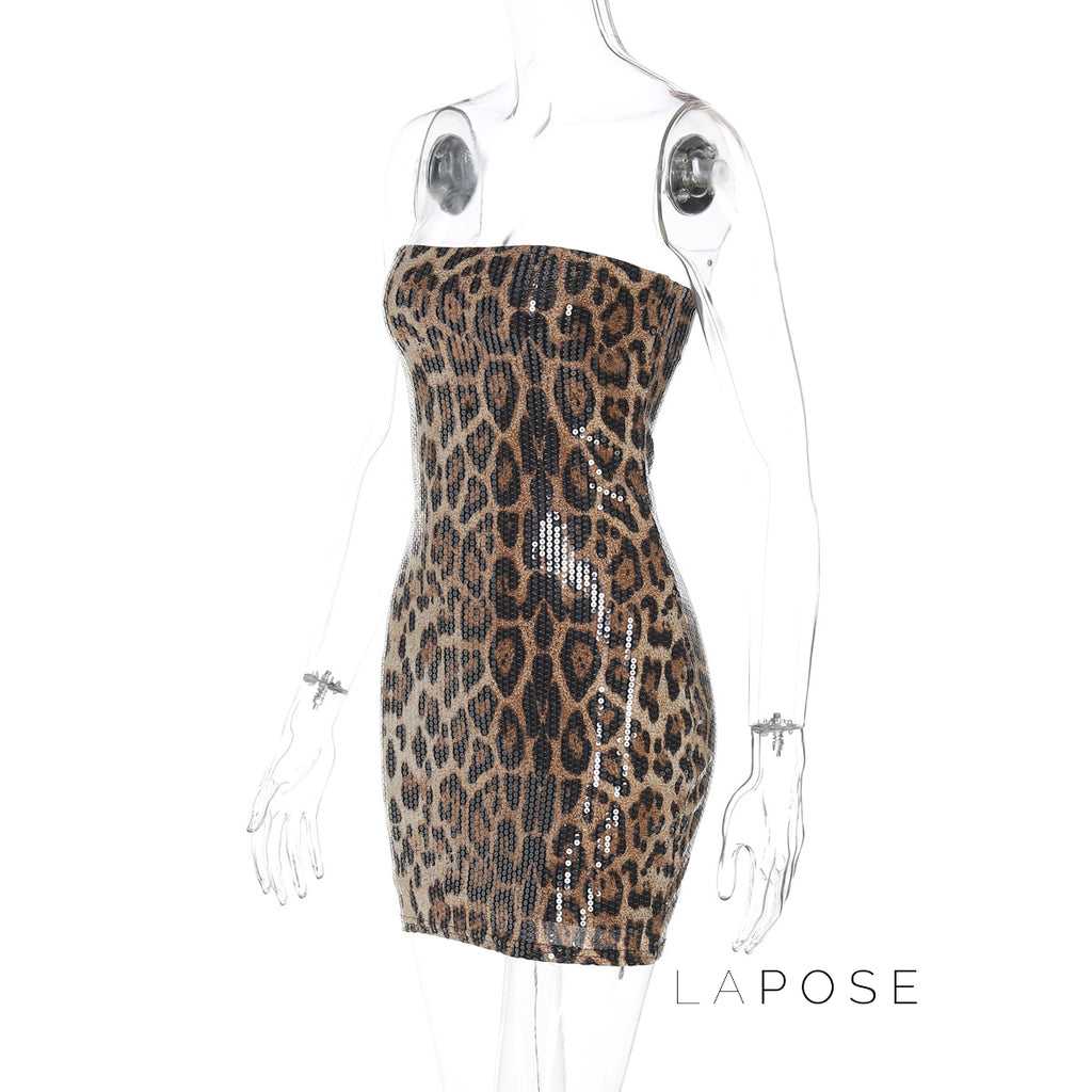 Arleen Strapless Sequin Leopard Mini Dress [YIEKXBNG]