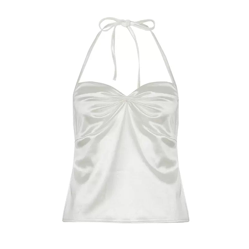 LaPose - Arsema Satin Ruched Halter Top - White Color