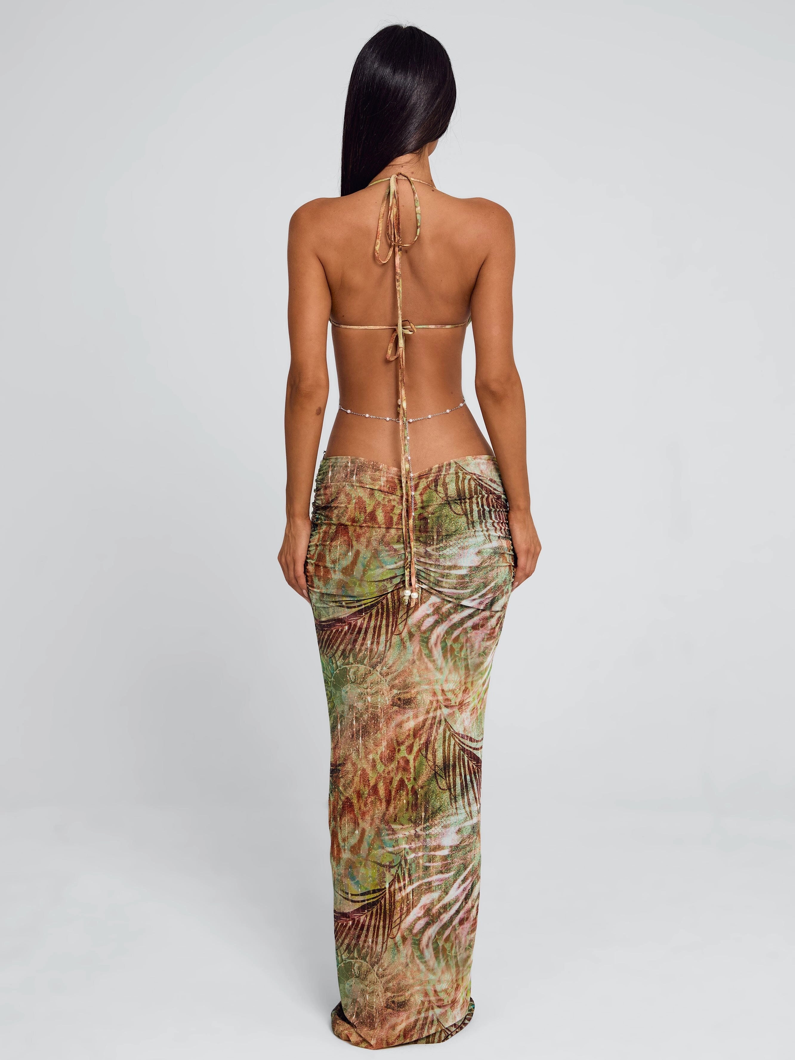 LaPose Astrid Ruched Pearl Maxi Dress