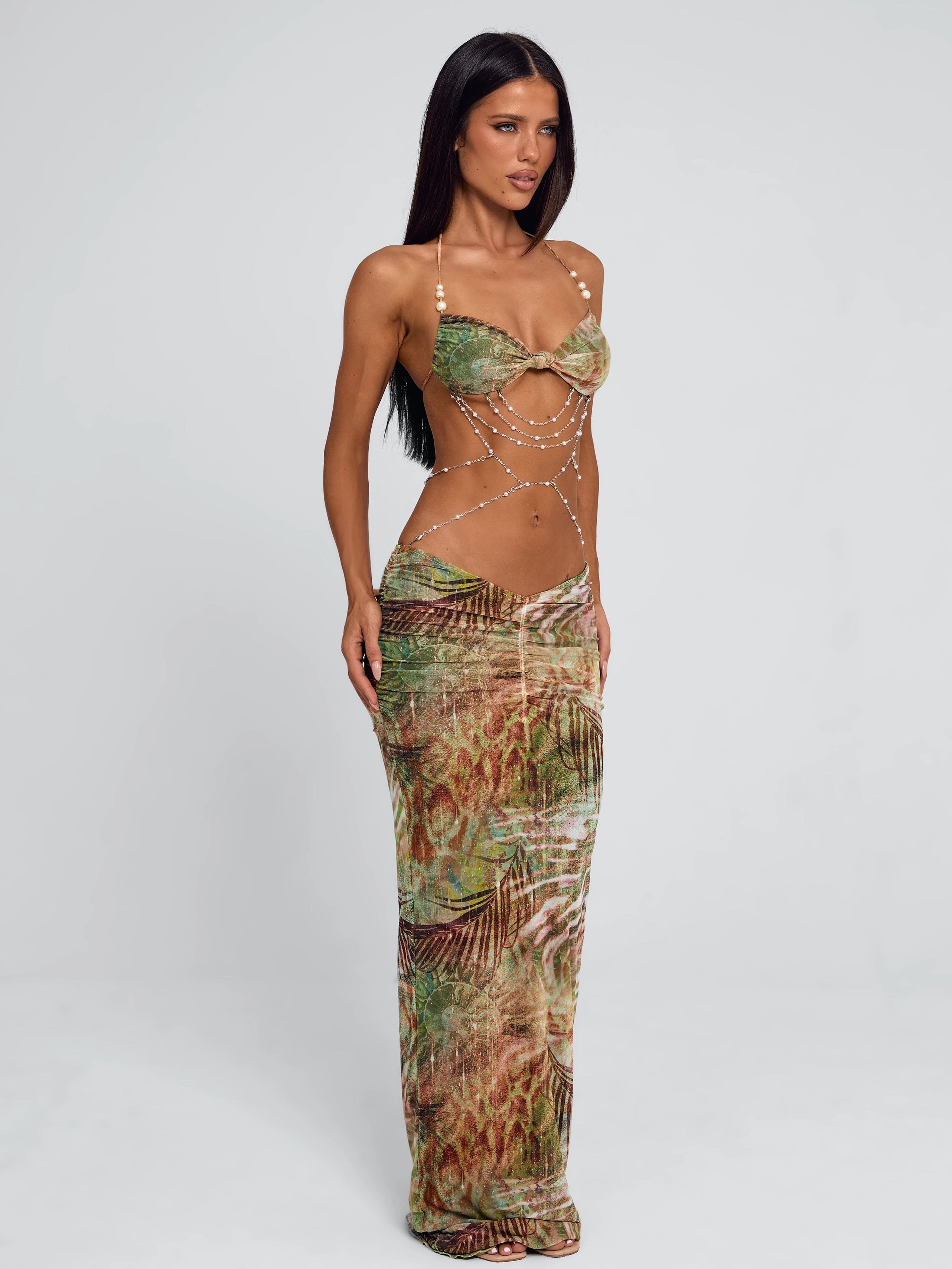 LaPose Astrid Ruched Pearl Maxi Dress