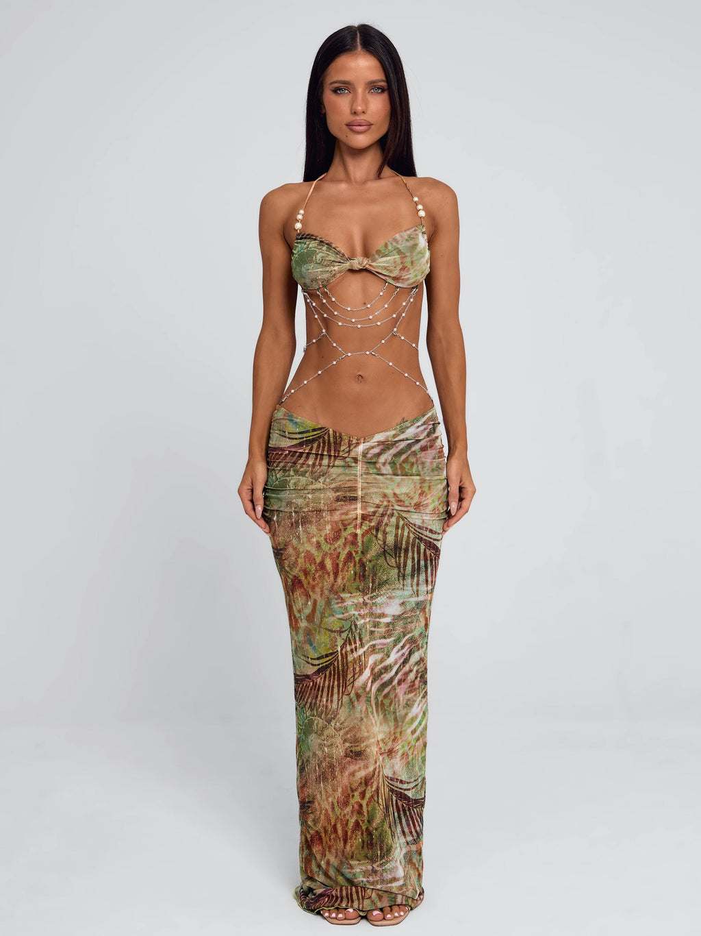 LaPose Astrid Ruched Pearl Maxi Dress