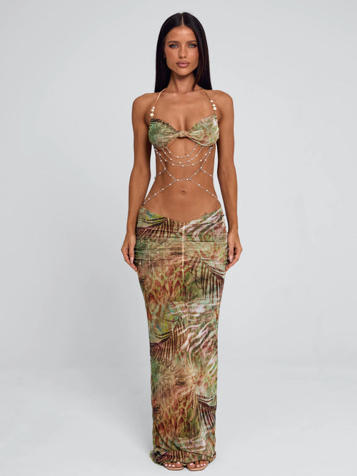 LaPose Astrid Ruched Pearl Maxi Dress