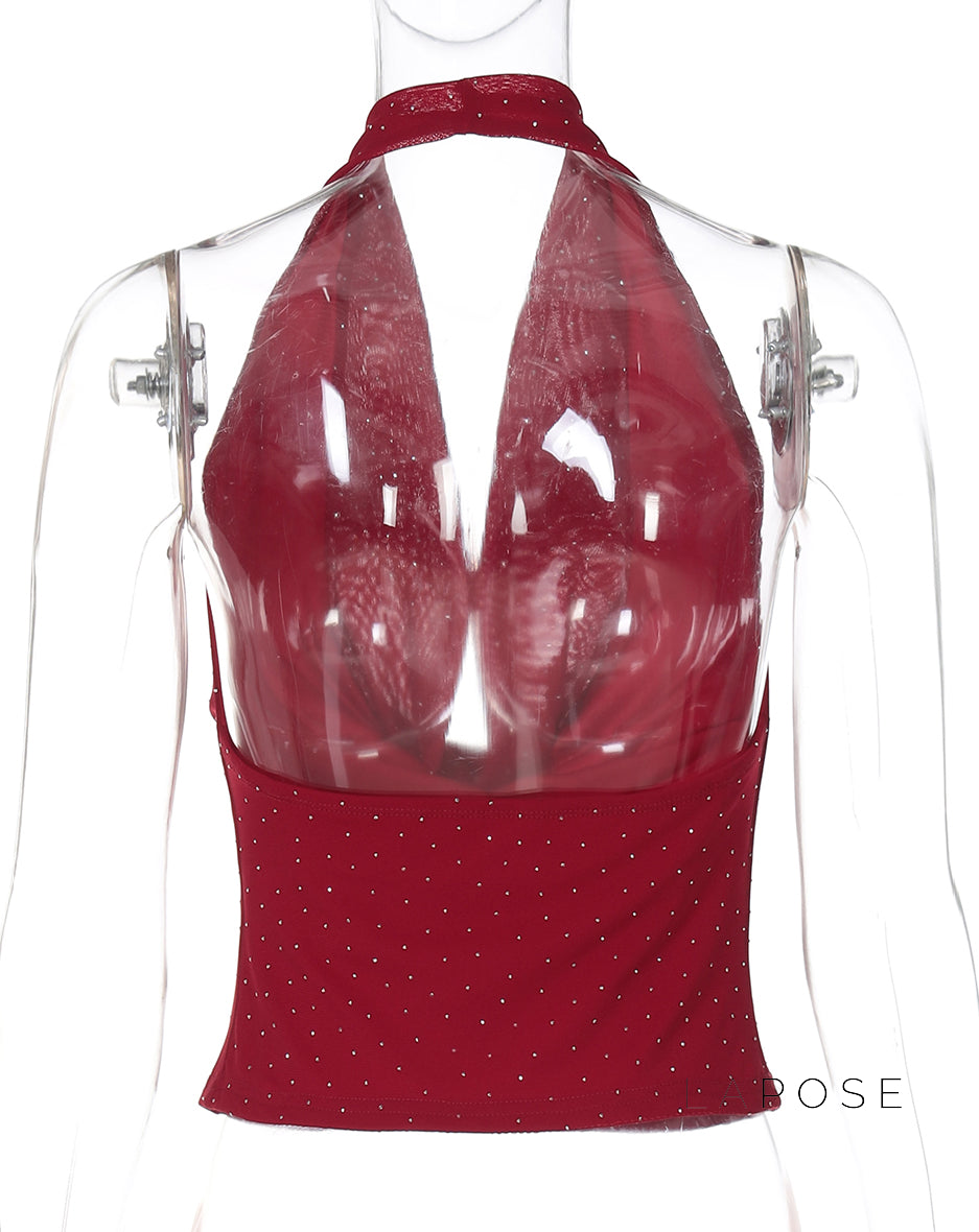 Avelynn Rhinestone Halter Crop Top [DQ3KXE30]