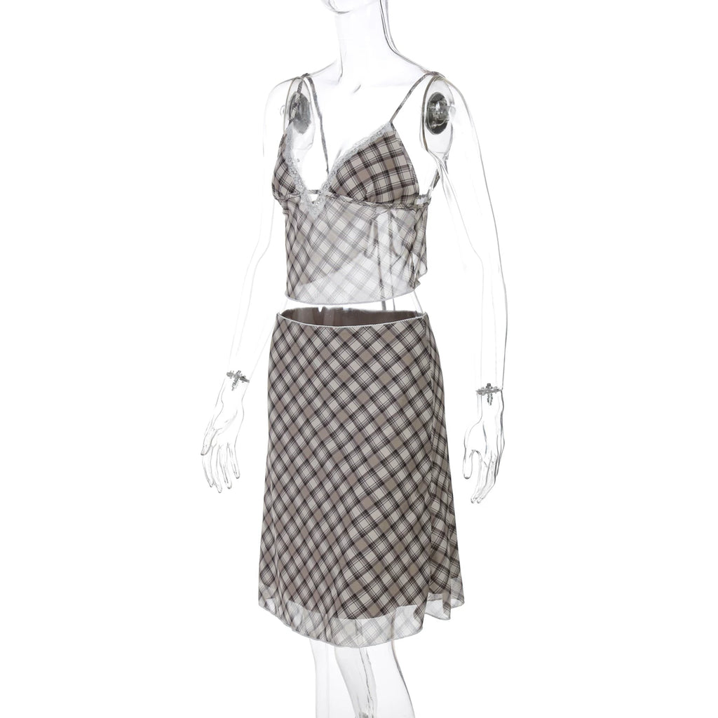 LaPose - Aviah Plaid Lace Skirt Set