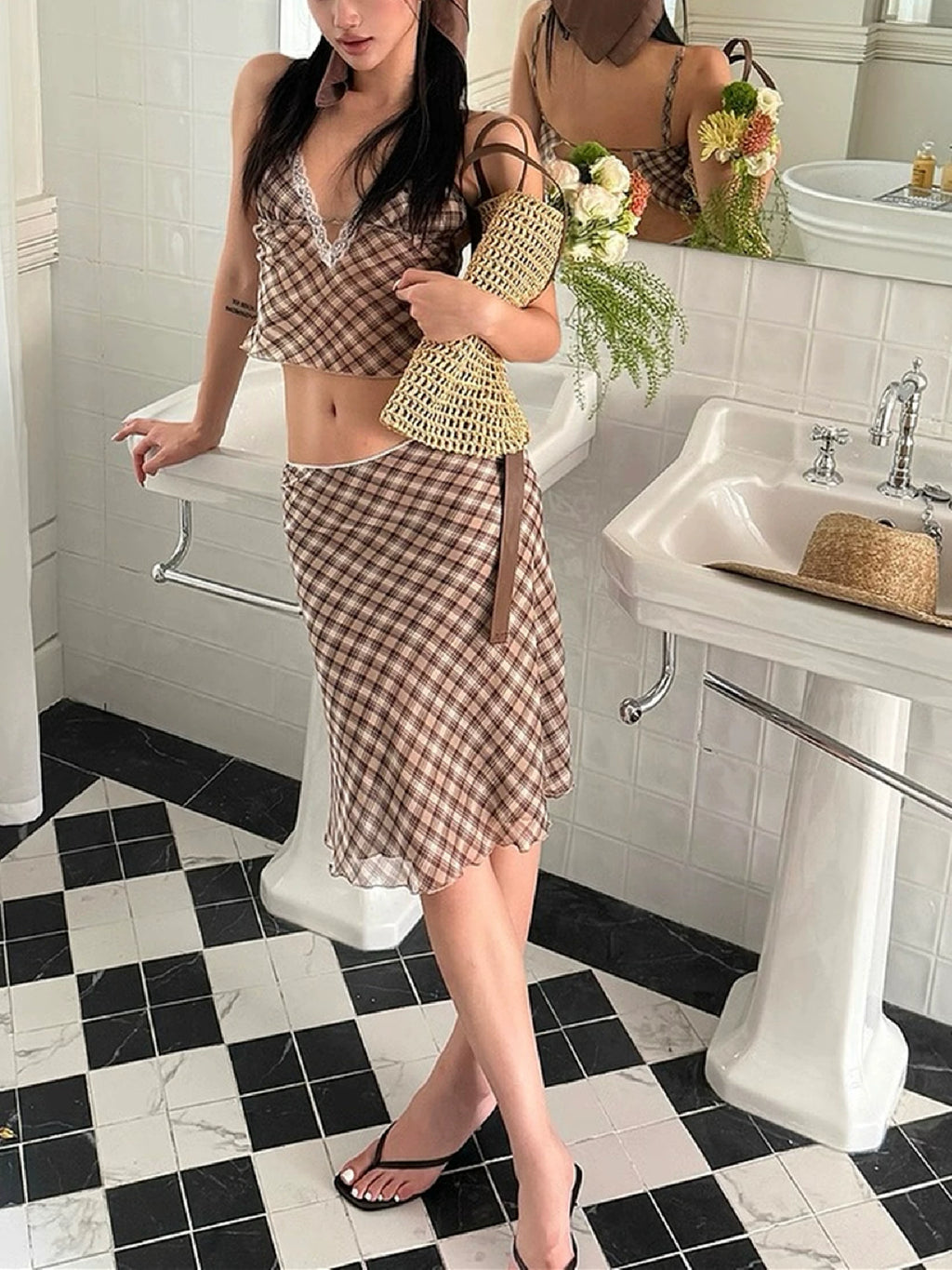LaPose - Aviah Plaid Lace Skirt Set
