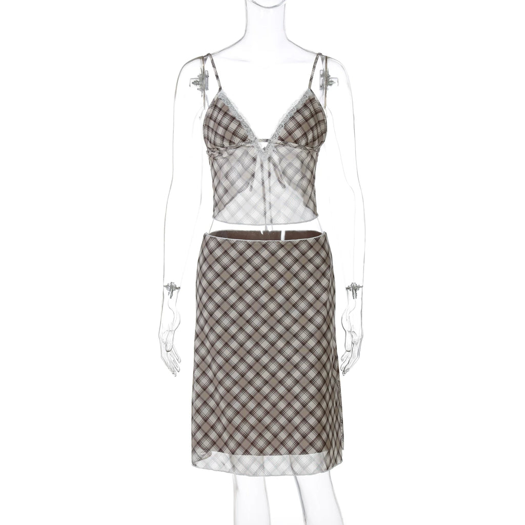 LaPose - Aviah Plaid Lace Skirt Set