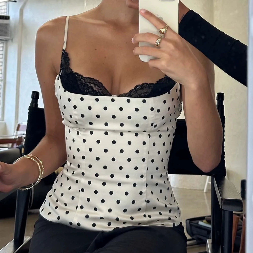 LaPose - Azalia Lace Trim Polka Dot Cami