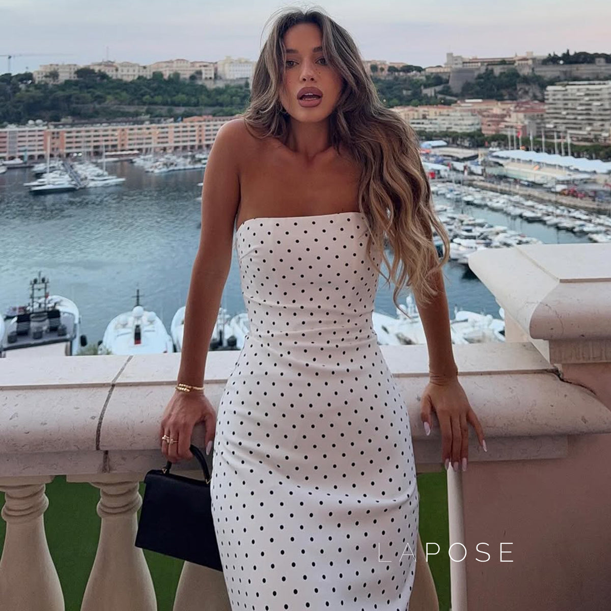 Azaria Polka Dot Strapless Midi Dress [23SLGJBV]