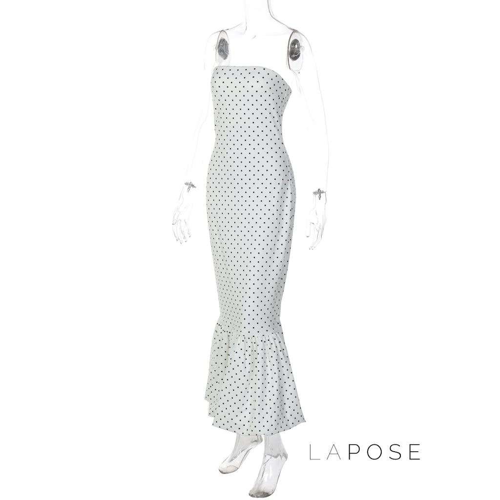 Azaria Polka Dot Strapless Midi Dress [2XVFUZ5C]