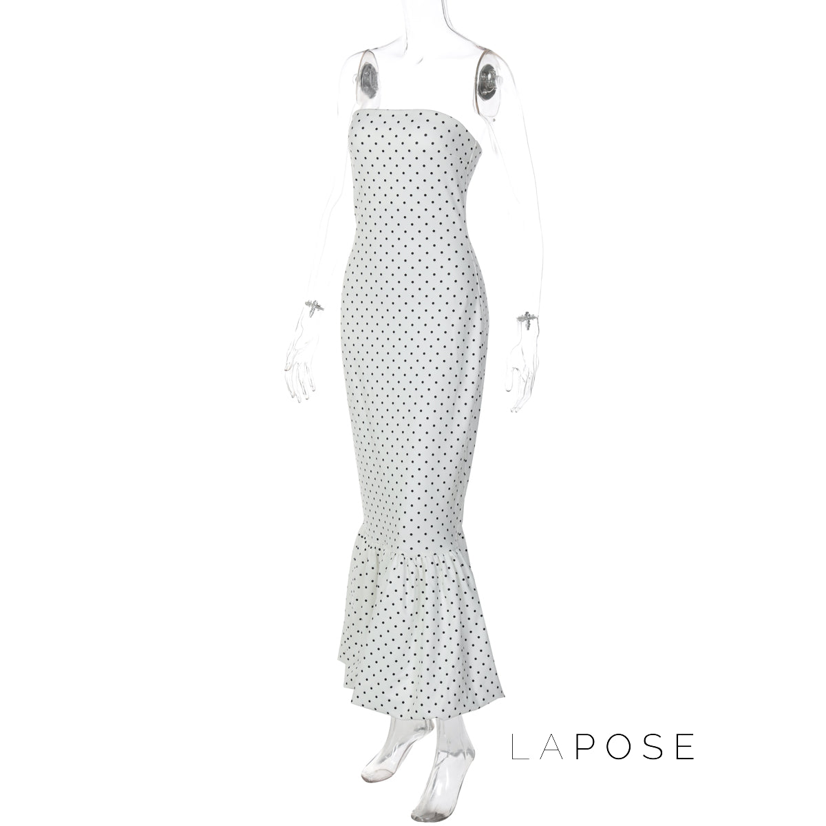 Azaria Polka Dot Strapless Midi Dress [2XVFUZ5C]