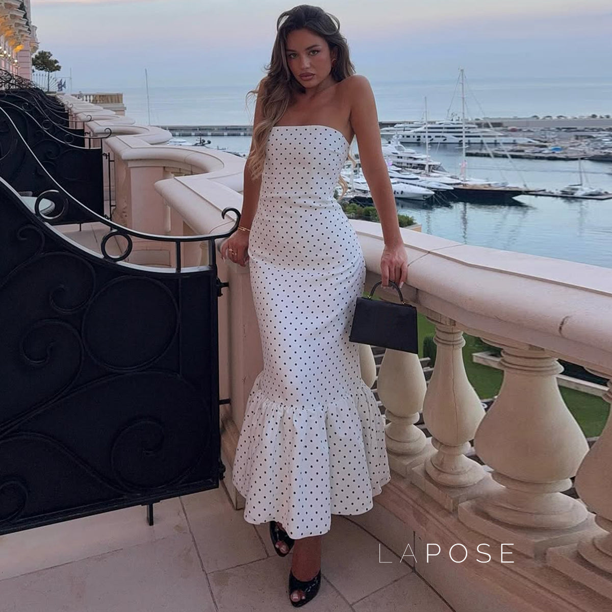 Azaria Polka Dot Strapless Midi Dress [V2DKJW8V]