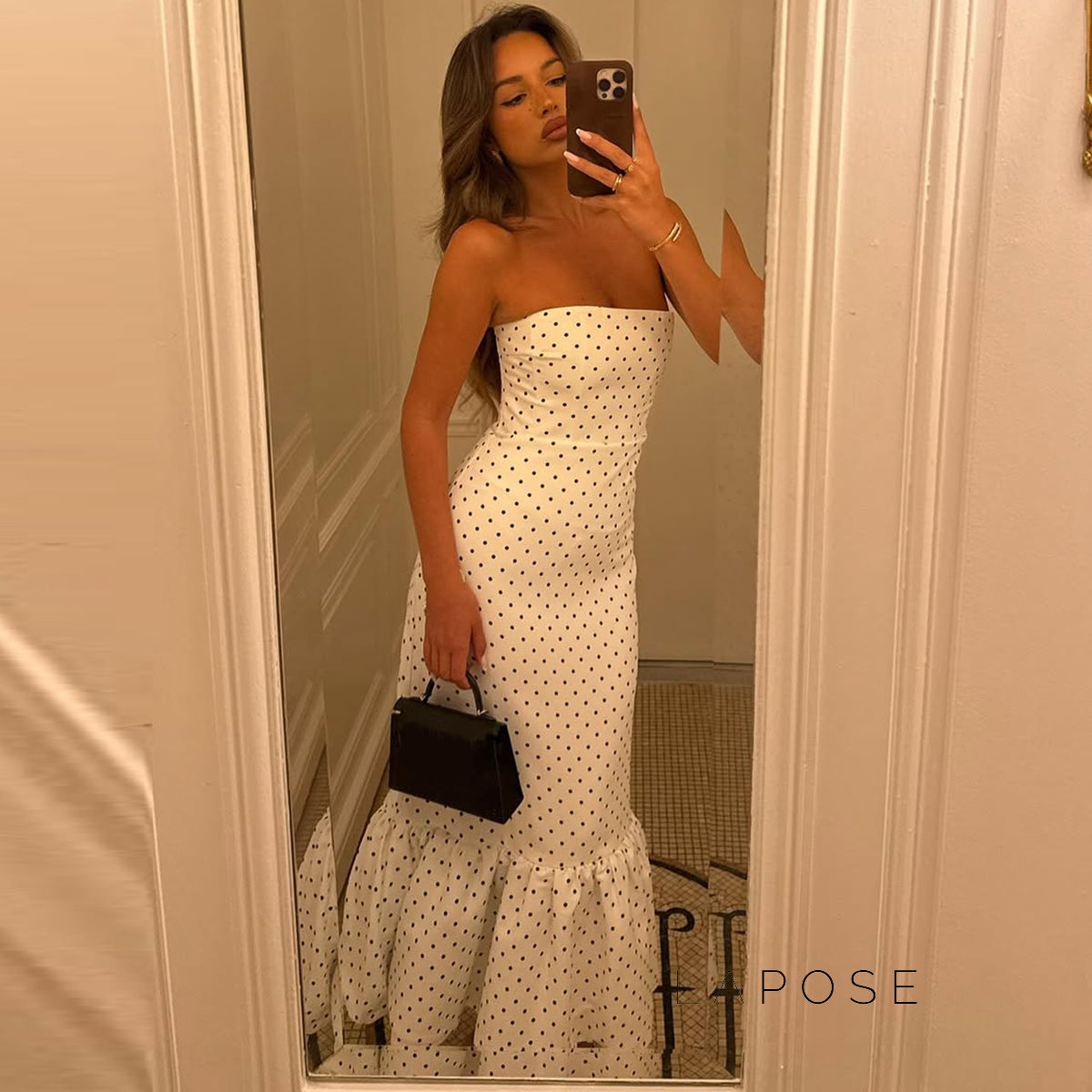 Azaria Polka Dot Strapless Midi Dress [CTT8ZPF1]
