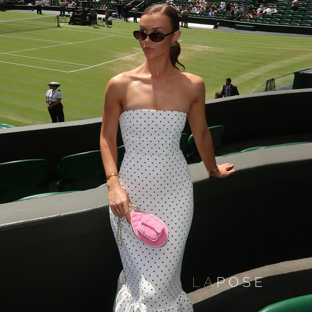Azaria Polka Dot Strapless Midi Dress [M8V5ZFIK]