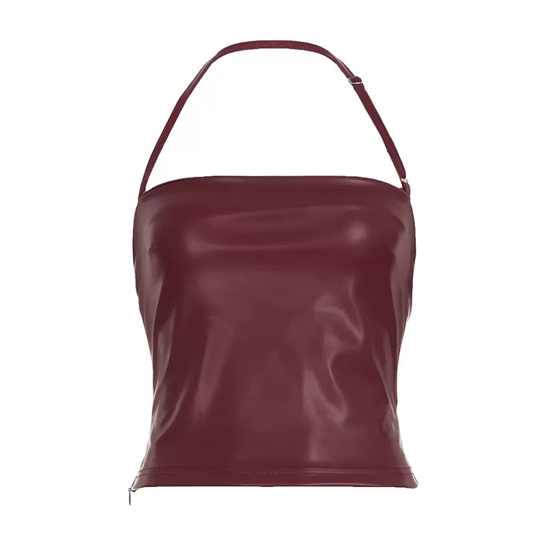 LaPose - Aziah Faux Leather Halter Camisole - Wine Red Color