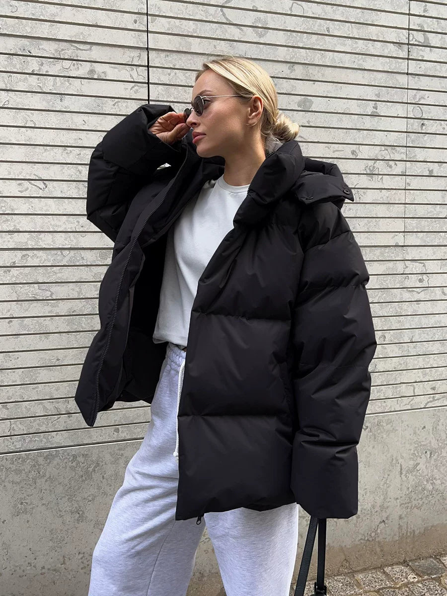 LaPose - Azul Oversized Hooded Puffer Jacket - Black Color