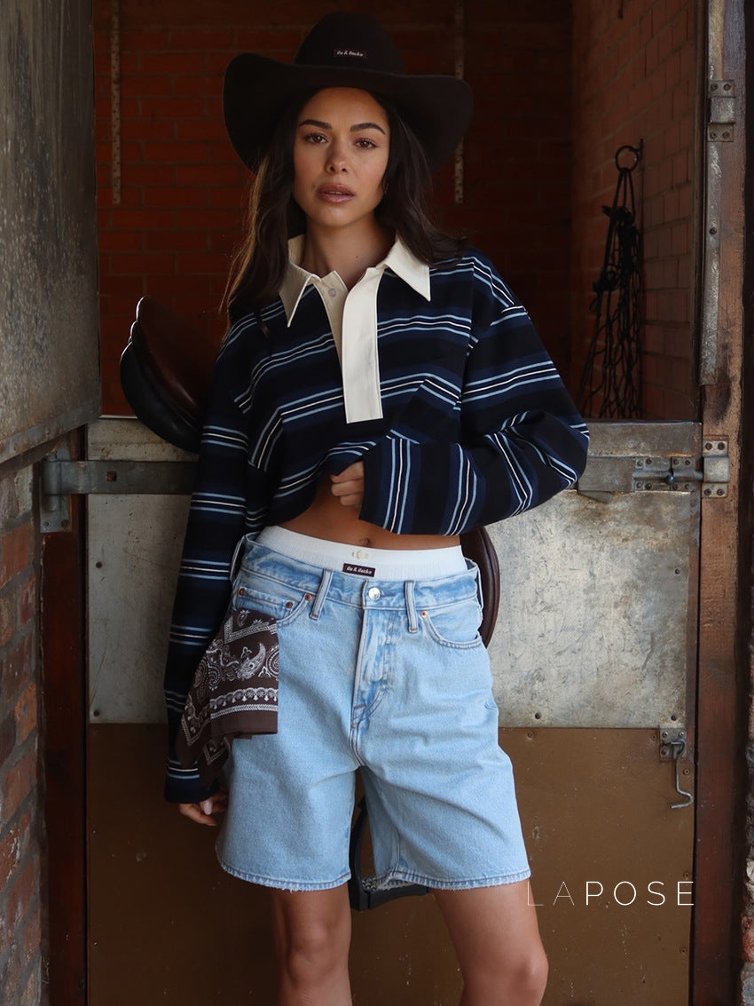 Bella Striped Polo Long-Sleeve Top [R42HYDUI]