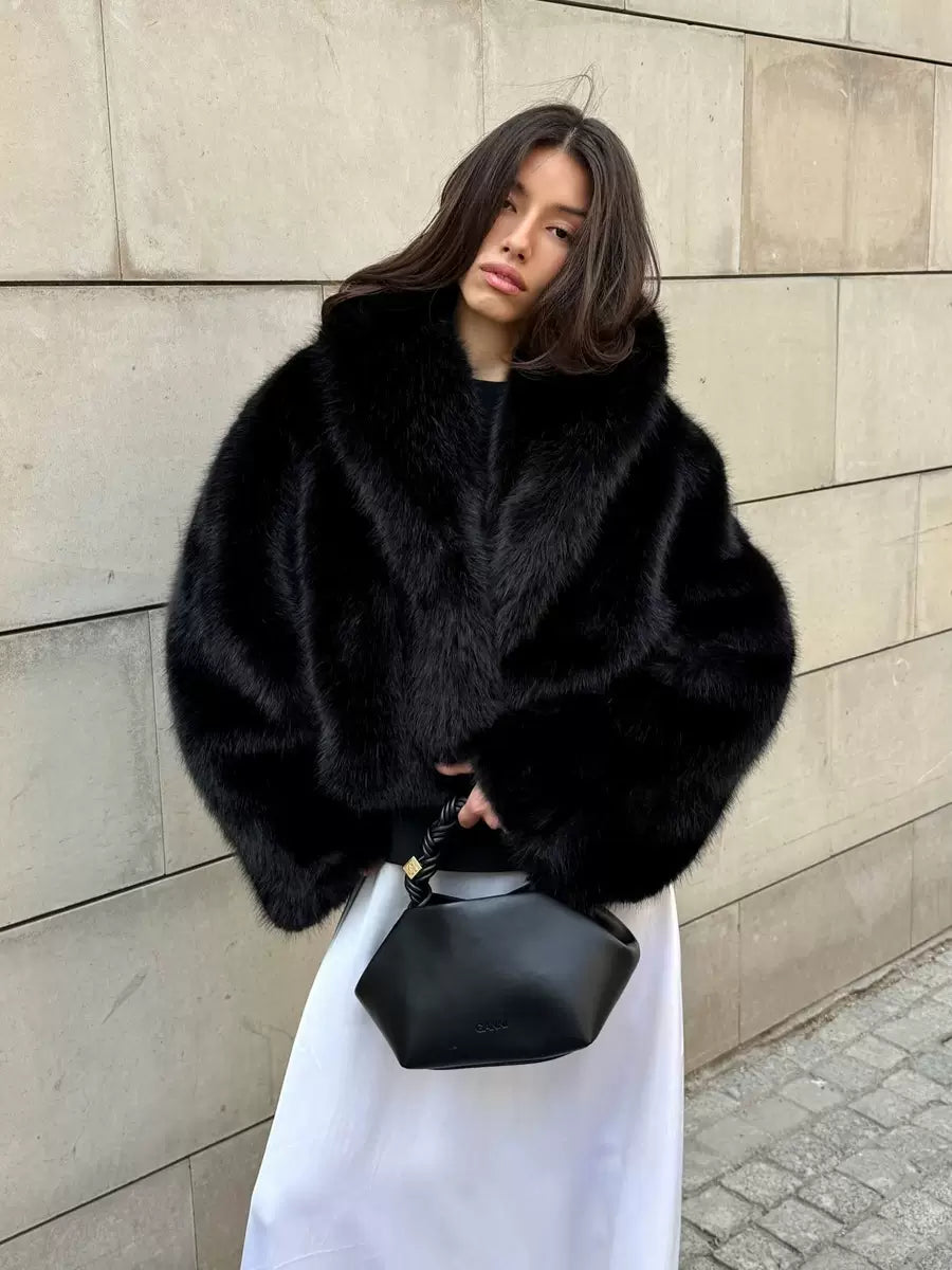 LaPose - Brenda Cropped Faux Fur Jacket - Black Color