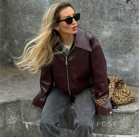 Brenna Lapel Faux Leather Jacket [Z1L2UMR1]