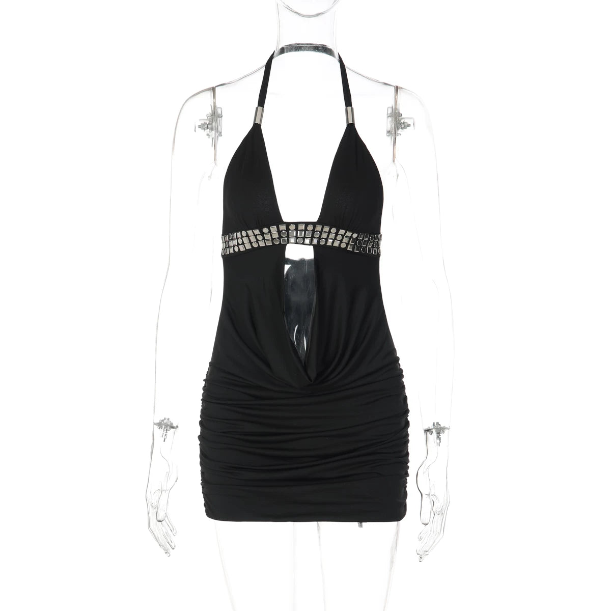 LaPose - Bridgett Studded Halter Mini Dress - Black Color
